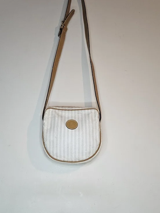 Authentic Vintage Fendi Striped Logo Canvas & Leather Crossbody Shoulder Y2K - Picture 1 of 16